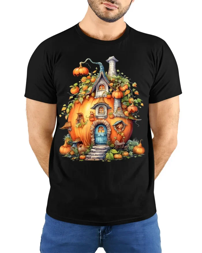 Whimsical Pumpkin House Halloween T-shirt - model wearing black shirt, hands behind back