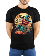 Pumpkin Head Scarecrow Halloween Graphic T-Shirt - model wearing black shirt, hands behind back