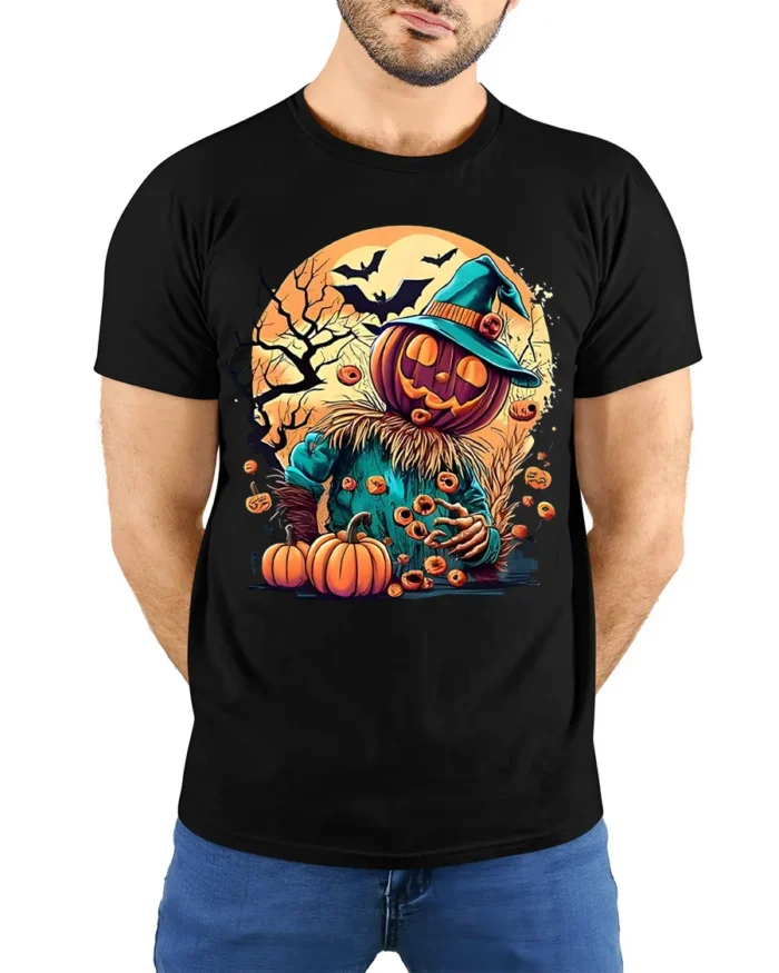 Pumpkin Head Scarecrow Halloween Graphic T-Shirt - model wearing black shirt, hands behind back