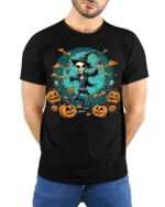 Skeleton Witch Pumpkin Halloween Graphic T-Shirt - model wearing black shirt, hands behind back