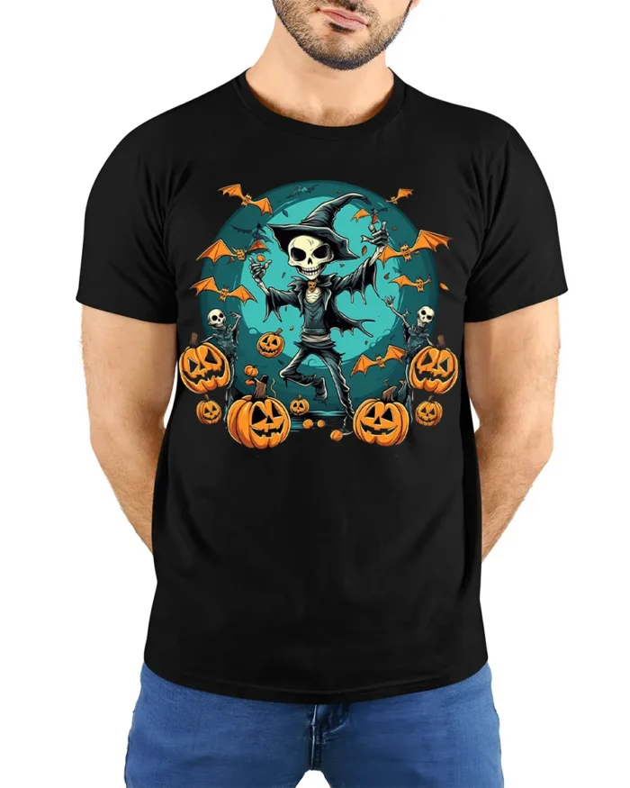 Skeleton Witch Pumpkin Halloween Graphic T-Shirt - model wearing black shirt, hands behind back