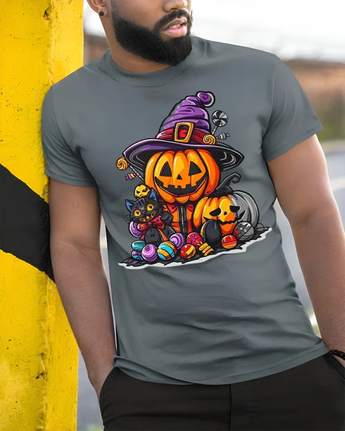 Cute Halloween Pumpkin Cat Candy T-shirt - model in grey shirt leaning against column