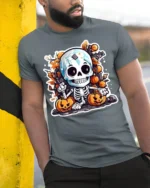 Cute Skeleton Pumpkin Fall Halloween T-shirt - model in grey shirt leaning against column