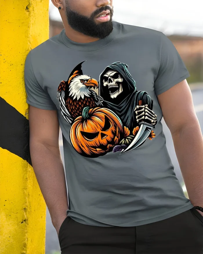 Grim Reaper Eagle Pumpkin Halloween T-shirt - model in grey shirt leaning against column