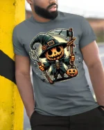Pumpkin Scarecrow Witch Halloween Graphic T-shirt - model in grey shirt leaning against column