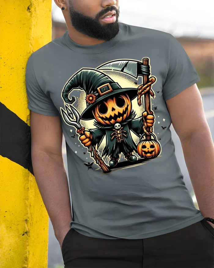 Pumpkin Scarecrow Witch Halloween Graphic T-shirt - model in grey shirt leaning against column