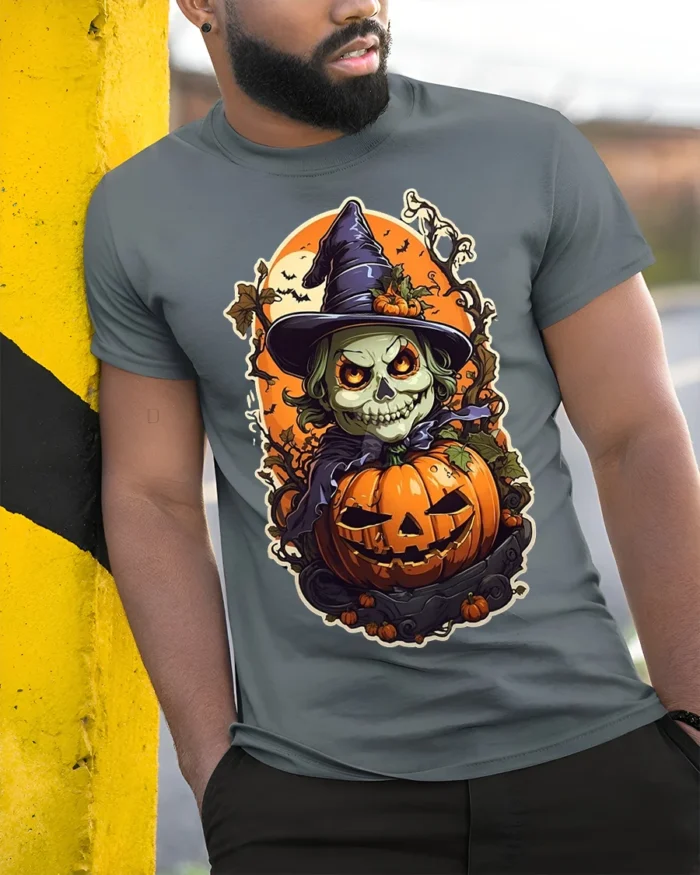 Evil Witch Skull Pumpkin Halloween T-shirt - model in grey shirt leaning against column