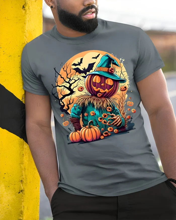 Pumpkin Head Scarecrow Halloween Graphic T-Shirt - model in grey shirt leaning against column