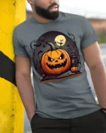 Evil Pumpkin Haunted House Halloween T-Shirt - model in grey shirt leaning against column