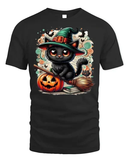 Halloween Black Cat Witch Hat Pumpkin Tshirt - black t-shirt on white background