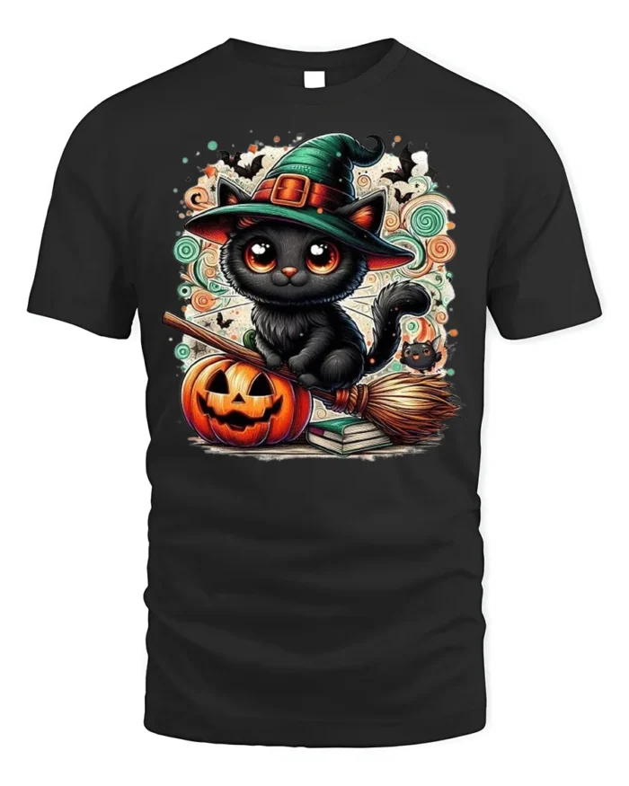 Halloween Black Cat Witch Hat Pumpkin Tshirt - black t-shirt on white background