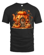 Pumpkin House Autumn Halloween Tshirt Style - black t-shirt on white background