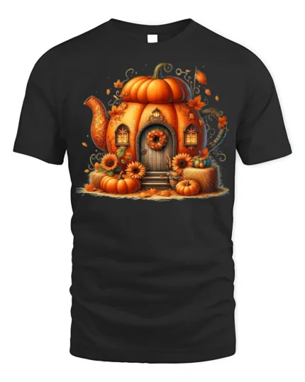 Pumpkin House Autumn Halloween Tshirt Style - black t-shirt on white background