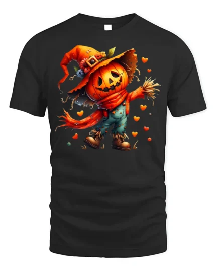 Pumpkin Scarecrow Halloween Tshirt Cute Spooky Style - black t-shirt on white background