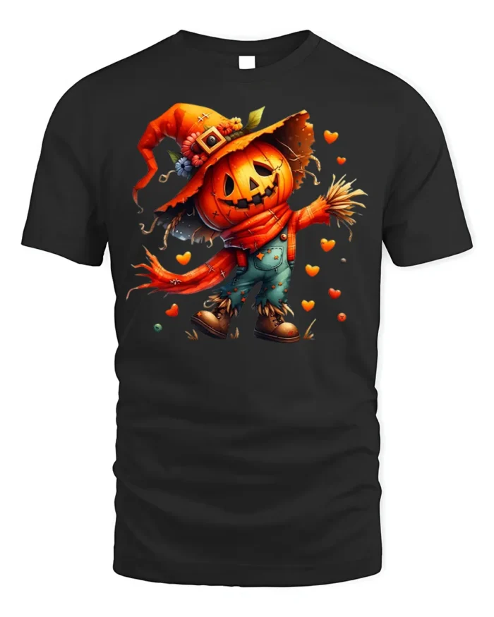 Pumpkin Scarecrow Halloween Tshirt Cute Spooky Style - black t-shirt on white background