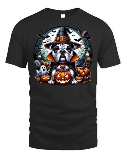 Bulldog Witch Hat Pumpkin Halloween Tshirt Style - black t-shirt on white background
