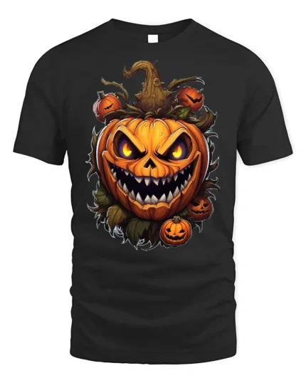 Scary Evil Pumpkin Face Halloween Horror Tshirt - black t-shirt on white background