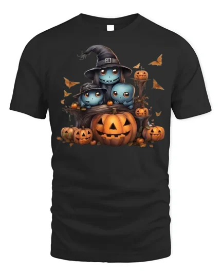 Cute Spooky Creatures Pumpkin Halloween Tshirt - black t-shirt on white background