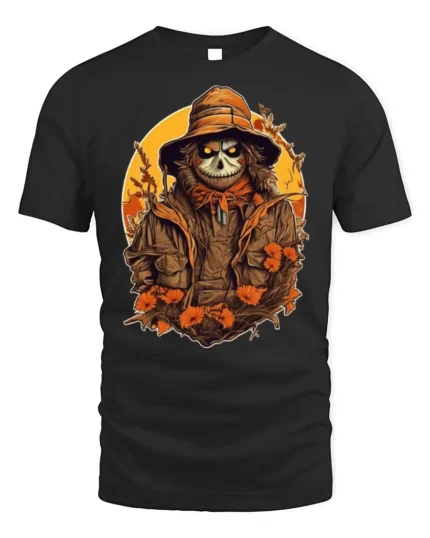 Creepy Scarecrow Skeleton Halloween Tshirt Style - black t-shirt on white background