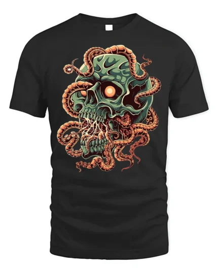 Creepy Skull Tentacles Horror Tshirt Graphic Style - black t-shirt on white background