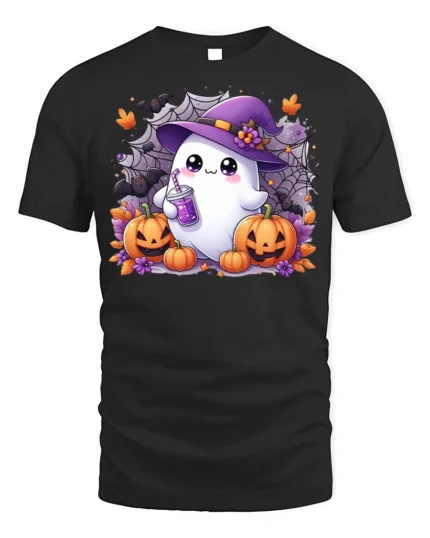 Cute Ghost Witch Hat Pumpkin Halloween Tshirt - black t-shirt on white background