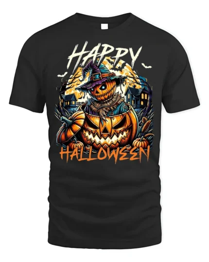 Scary Pumpkin Scarecrow Halloween Tshirt Style - black t-shirt on white background