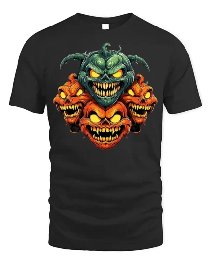 Evil Pumpkin Monster Faces Halloween Tshirt Style - black t-shirt on white background