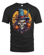 Halloween Skull Witch Hat Pumpkin Tshirt Style - black t-shirt on white background