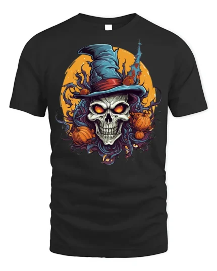 Halloween Skull Witch Hat Pumpkin Tshirt Style - black t-shirt on white background