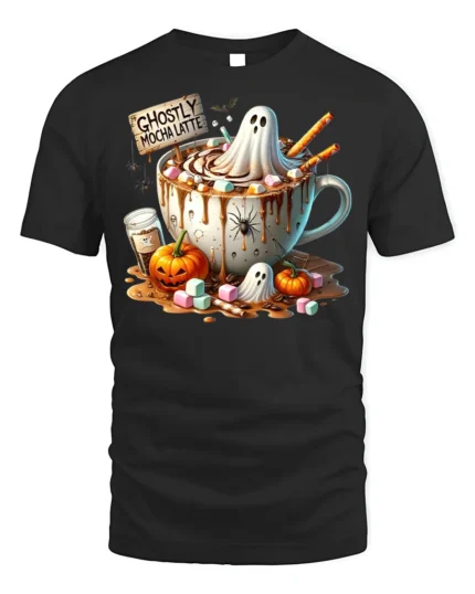Ghostly Mocha Latte Halloween Coffee Tshirt Style - black t-shirt on white background