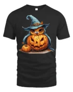 Halloween Owl Pumpkin Witch Hat Tshirt Style - black t-shirt on white background