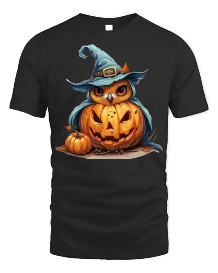 Halloween Owl Pumpkin Witch Hat Tshirt Style - black t-shirt on white background
