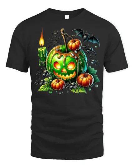 Green Pumpkin Candle Halloween Horror Tshirt Style - black t-shirt on white background