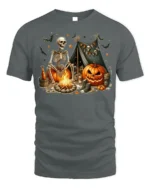 Skeleton Campfire Pumpkin Halloween Tshirt Style - gray t-shirt on white background