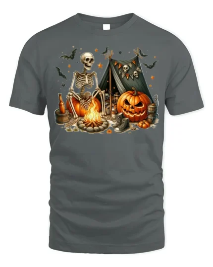 Skeleton Campfire Pumpkin Halloween Tshirt Style - gray t-shirt on white background