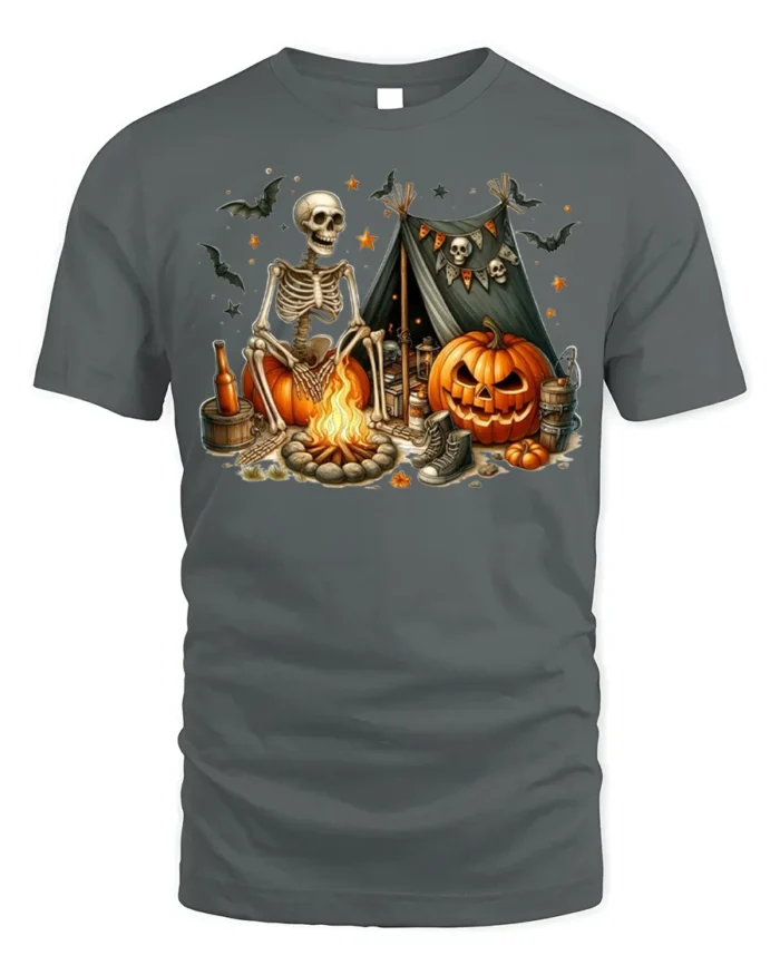 Skeleton Campfire Pumpkin Halloween Tshirt Style - gray t-shirt on white background
