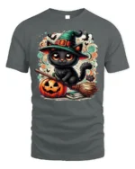 Halloween Black Cat Witch Hat Pumpkin Tshirt - gray t-shirt on white background