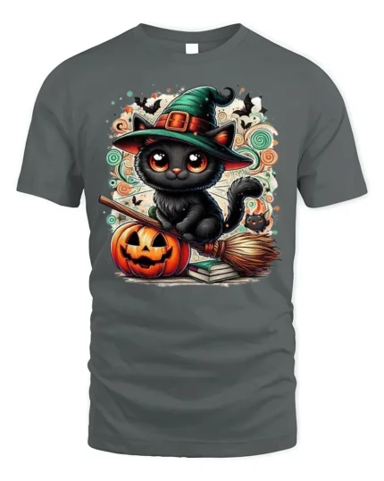Halloween Black Cat Witch Hat Pumpkin Tshirt - gray t-shirt on white background