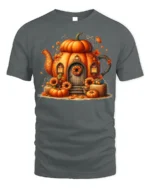 Pumpkin House Autumn Halloween Tshirt Style - gray t-shirt on white background