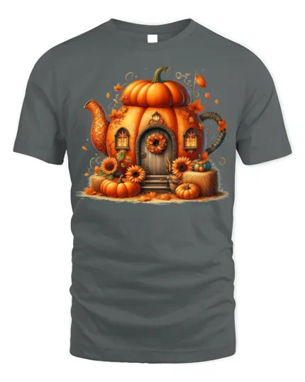 Pumpkin House Autumn Halloween Tshirt Style - gray t-shirt on white background