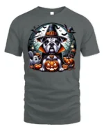 Bulldog Witch Hat Pumpkin Halloween Tshirt Style - gray t-shirt on white background