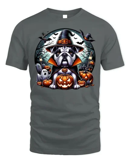 Bulldog Witch Hat Pumpkin Halloween Tshirt Style - gray t-shirt on white background