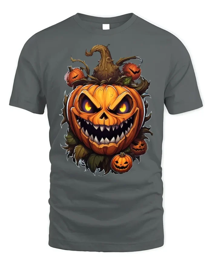 Scary Evil Pumpkin Face Halloween Horror Tshirt - gray t-shirt on white background