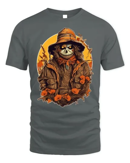 Creepy Scarecrow Skeleton Halloween Tshirt Style - gray t-shirt on white background