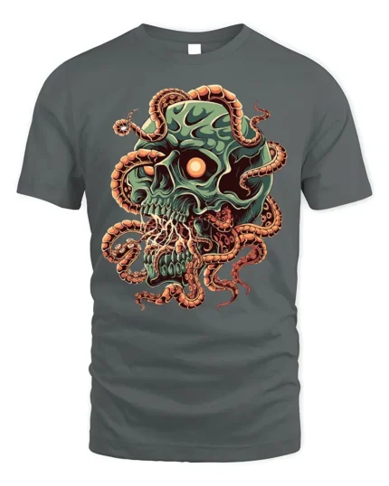 Creepy Skull Tentacles Horror Tshirt Graphic Style - gray t-shirt on white background