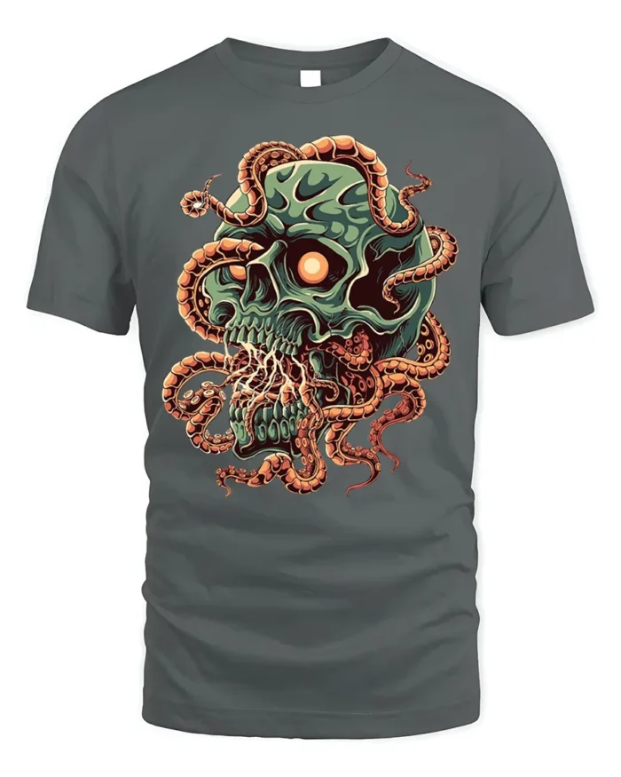 Creepy Skull Tentacles Horror Tshirt Graphic Style - gray t-shirt on white background