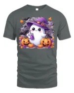 Cute Ghost Witch Hat Pumpkin Halloween Tshirt - gray t-shirt on white background