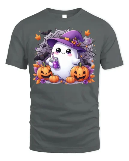 Cute Ghost Witch Hat Pumpkin Halloween Tshirt - gray t-shirt on white background