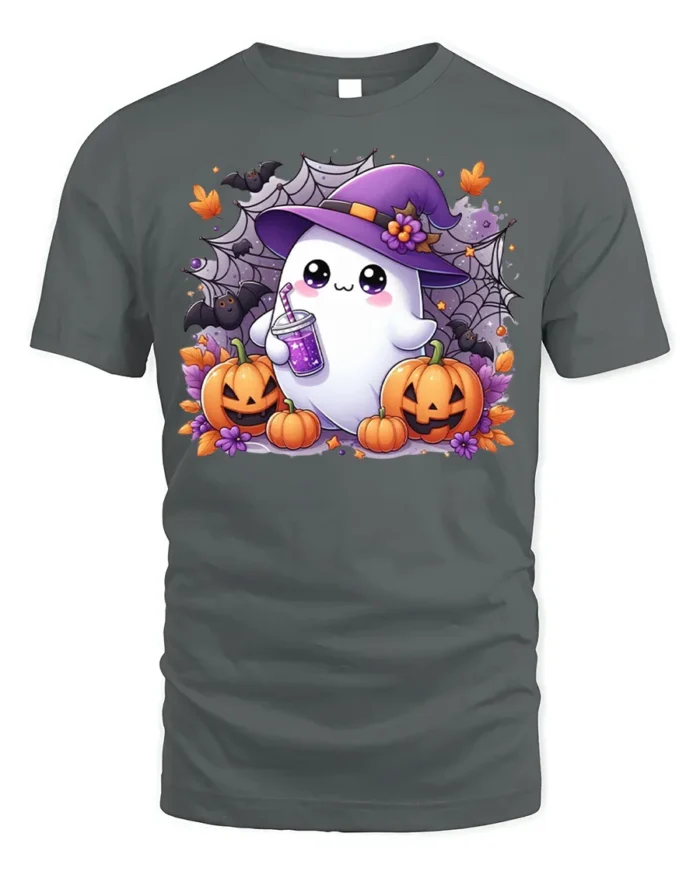 Cute Ghost Witch Hat Pumpkin Halloween Tshirt - gray t-shirt on white background