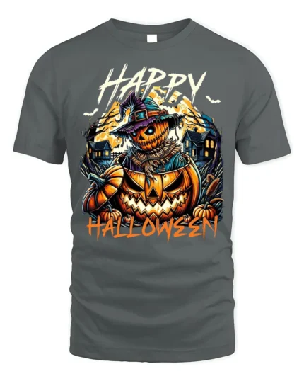 Scary Pumpkin Scarecrow Halloween Tshirt Style - gray t-shirt on white background
